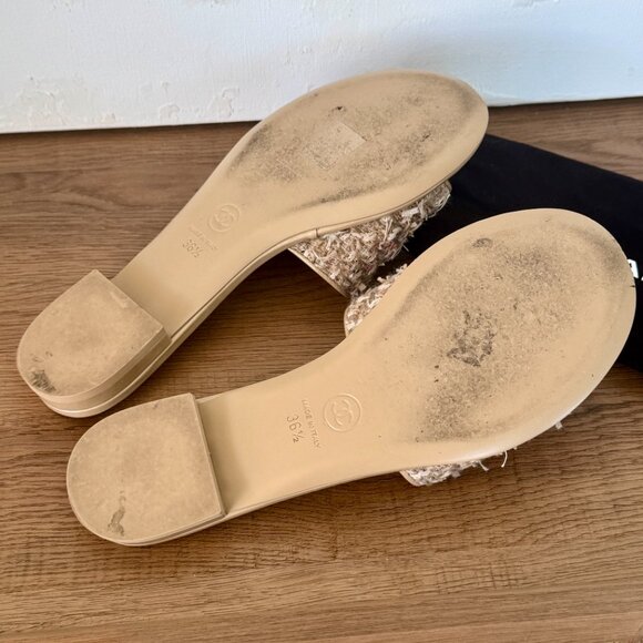Authentic Chanel Tweed Slides Beige Gold CC Logo Sandals - Picture 7 of 9